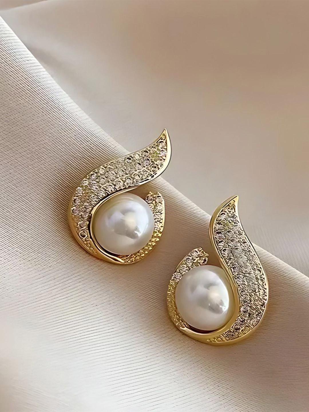 

Celestique Stone Studded & Pearl Contemporary Studs, Gold