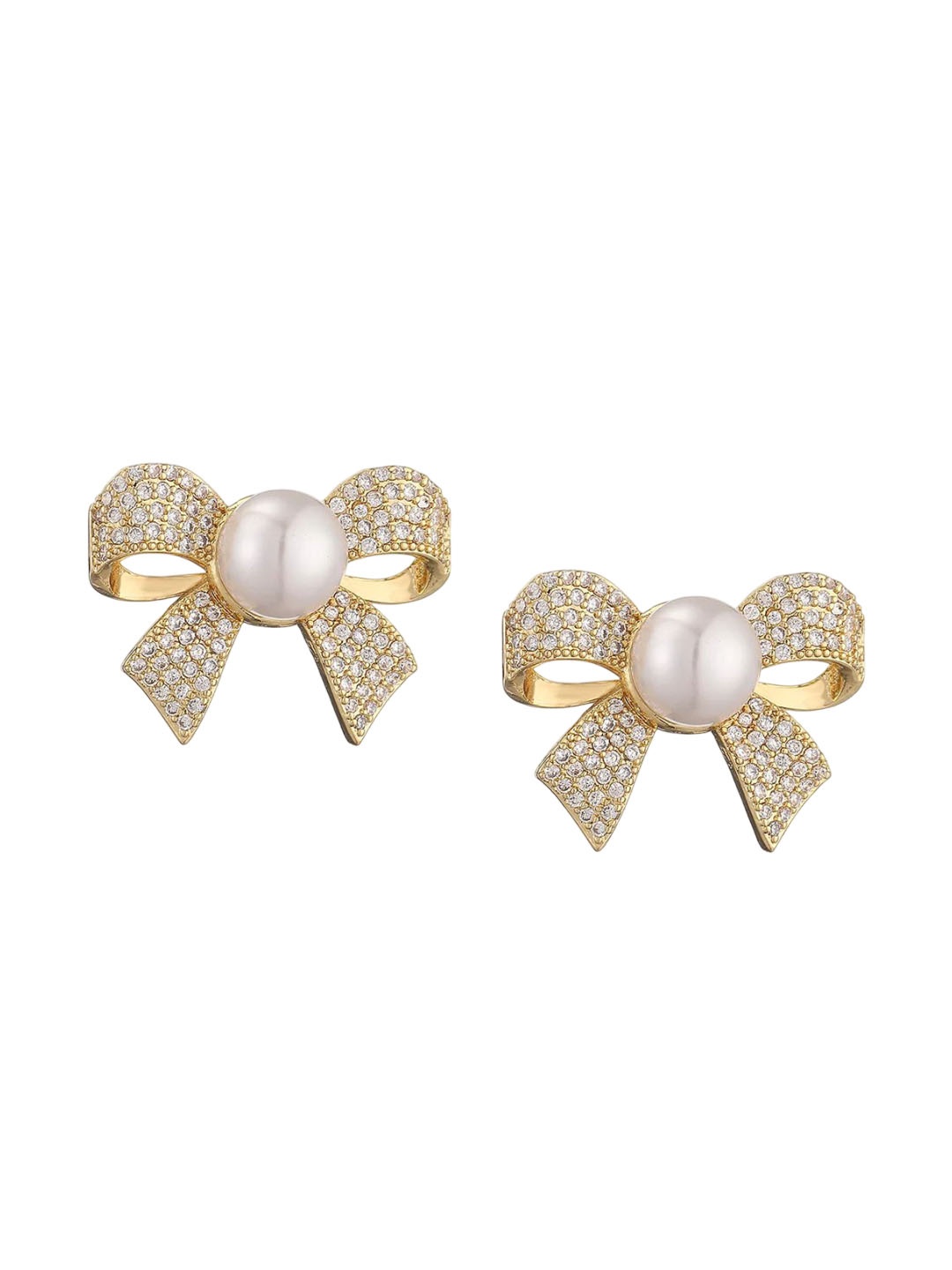 

Celestique Gold-Plated Pearl & Zircon Studded Bow Shaped Studs
