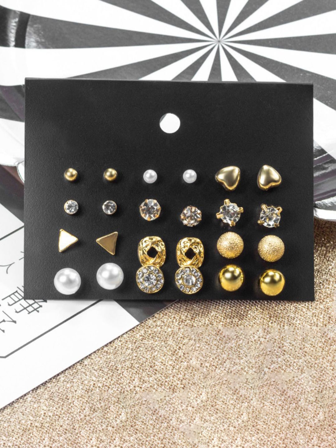 

Celestique Set Of 12 Gold-Plated Contemporary Stone Studded Studs