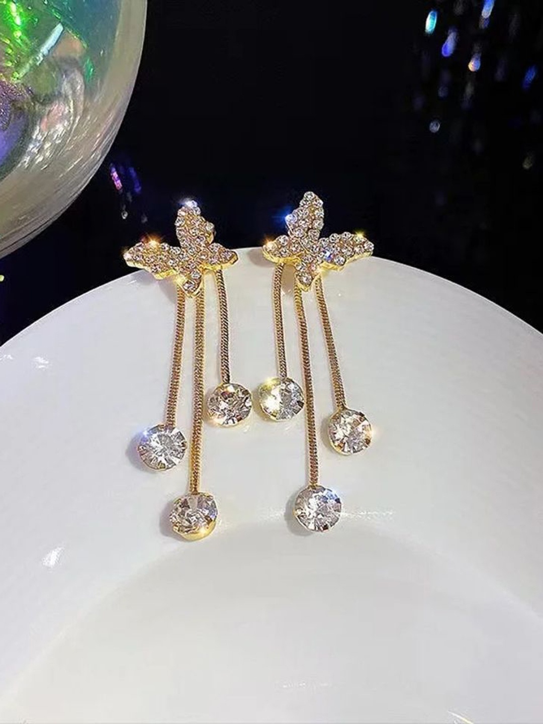 

Celestique Gold-Plated Stone Studded Butterfly Shaped Drop Earrings