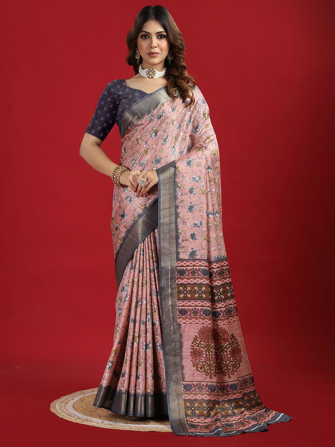 

A.V.M Prints Floral Printed Zari Saree, Pink