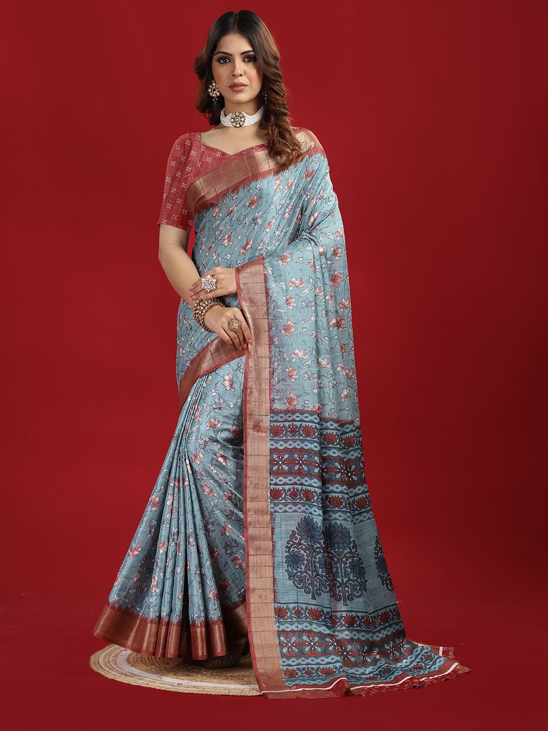 

A.V.M Prints Floral Woven Design Zari Saree, Teal