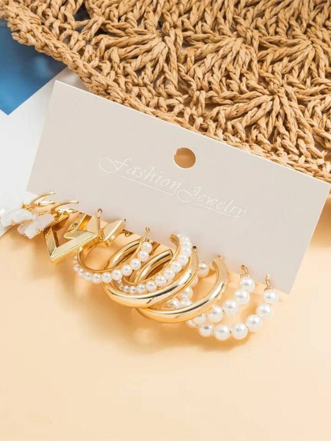 

Celestique Set Of 5 Contemporary Pearls Hoop Earrings, Gold