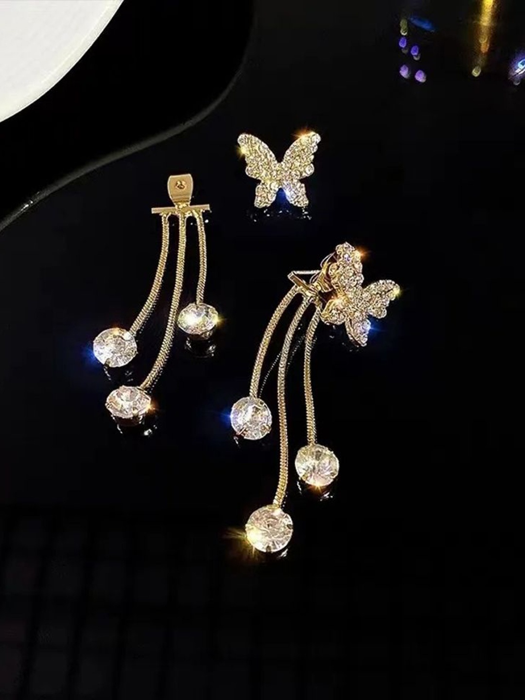 

Celestique Gold-Plated Stone Studded Butterfly Shaped Oxidised Drop Earrings