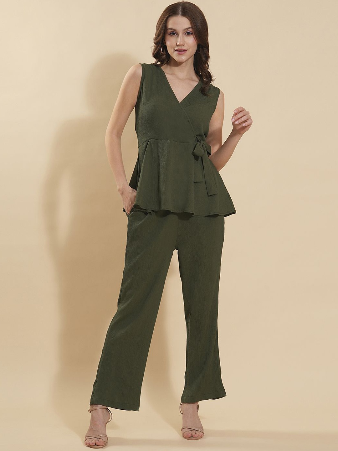 Murcia V-Neck Peplum Top With Trousers, Olive
