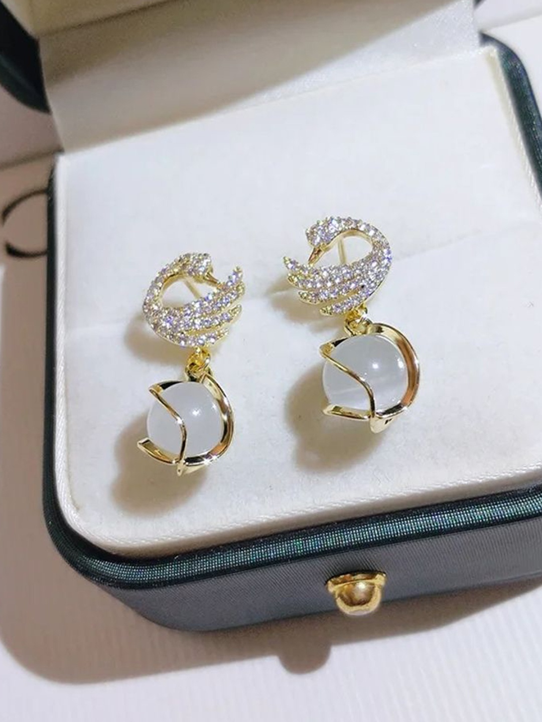 Celestique Pearl & Opal Studded Swan Drop Earrings, Gold