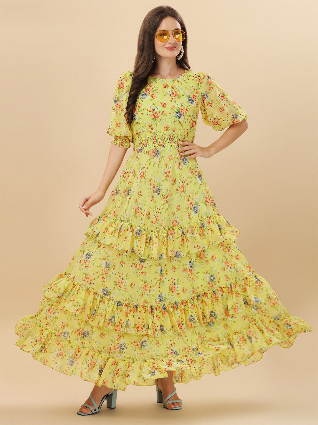 

VIVARAA FASHION Women Floral Printed Puff Sleeves Layered Fit & Flare Maxi Dress, Yellow