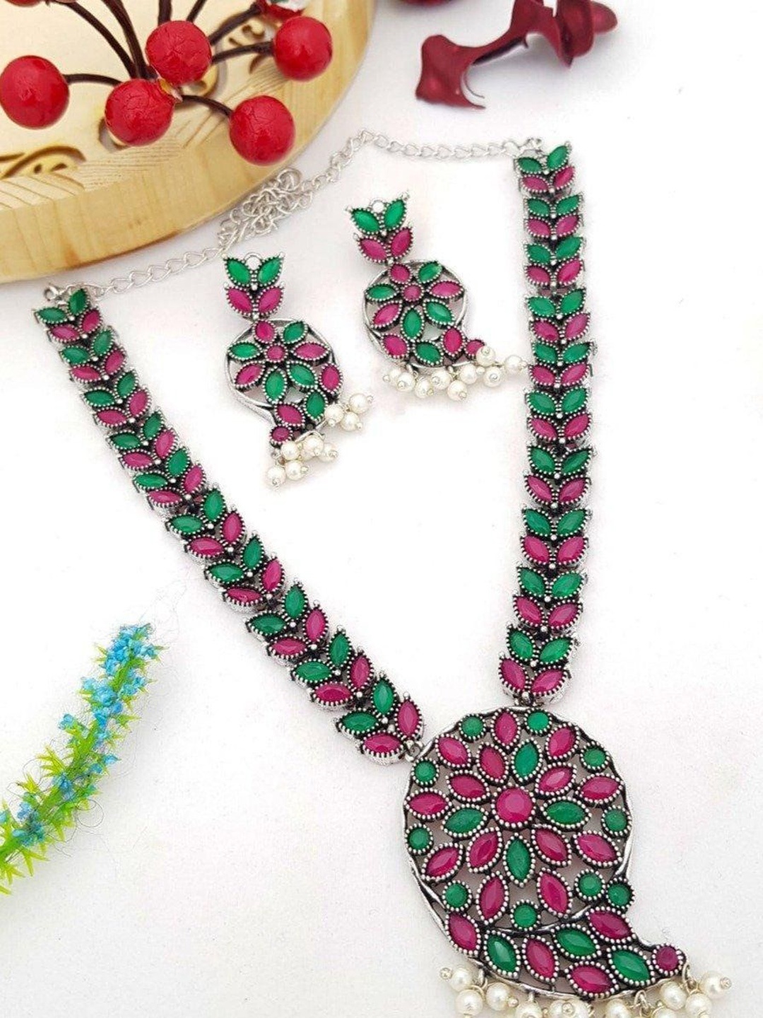 

GRIIHAM Silver Plated American Diamond Studded & Beaded Oxidised Jewellery Set