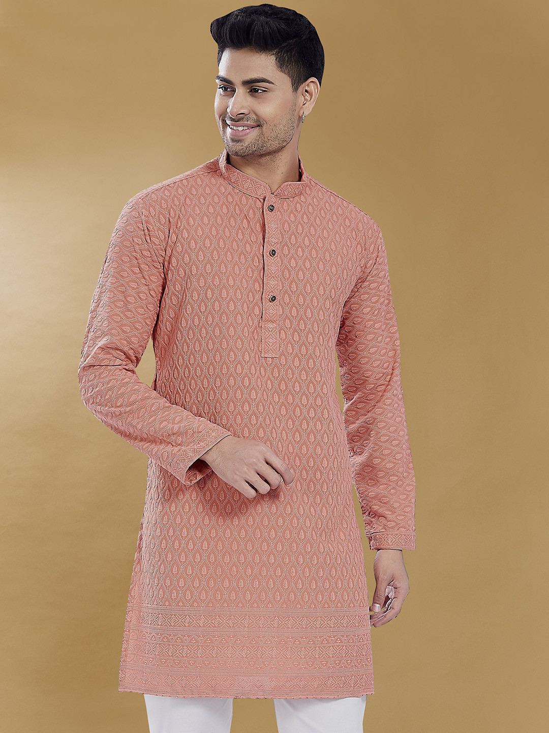 

DIVISIVE Mandarin Collar Floral Embroidered Thread Work Straight Cotton Kurta, Peach
