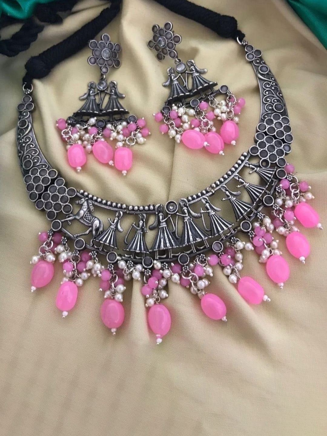 

GRIIHAM SOHI Sliver Plated Beaded Oxidised Jewellery Set, Silver