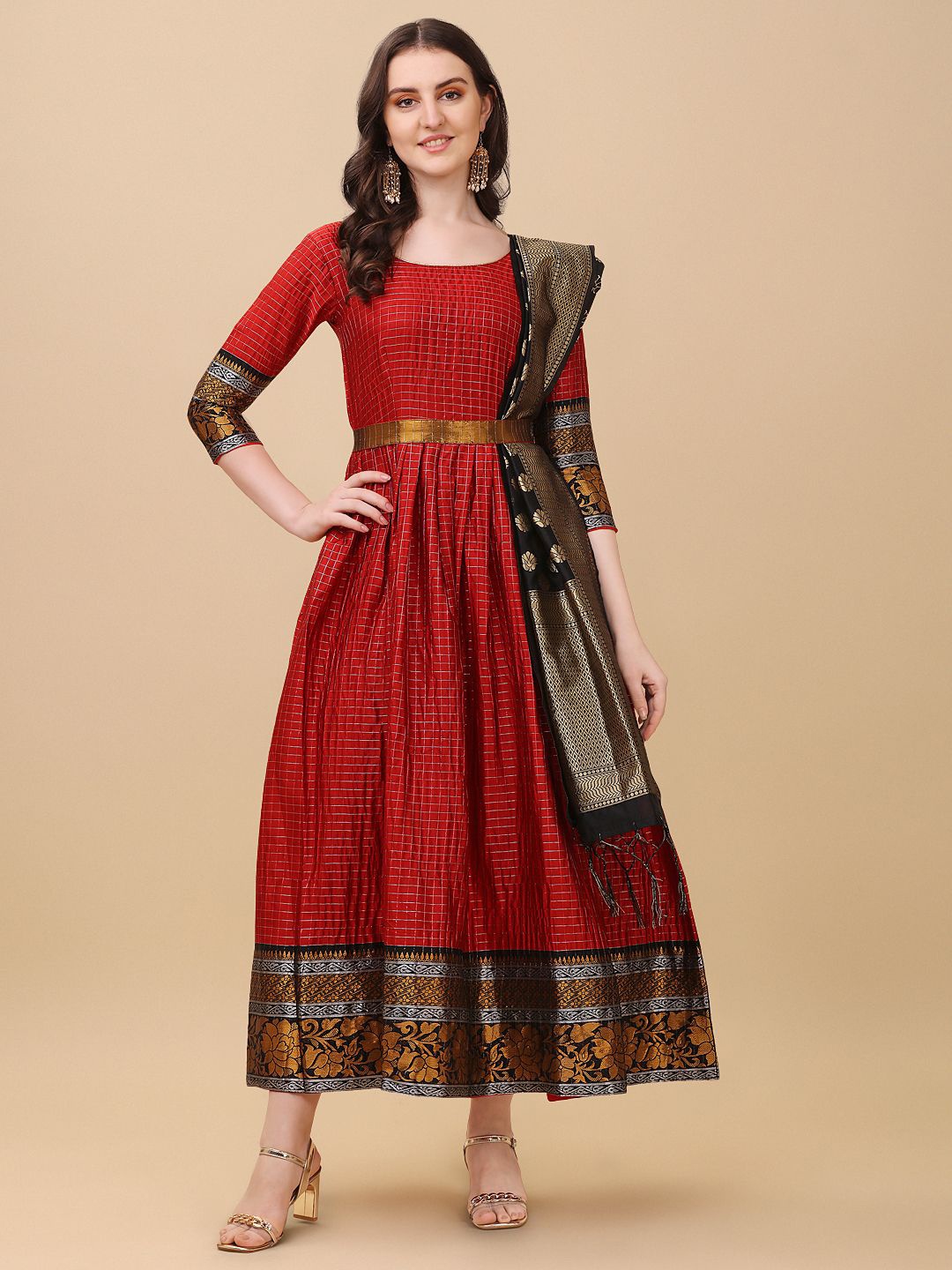 

VIVARAA FASHION Checked Fit & Flare Maxi Ethnic Dresses, Maroon