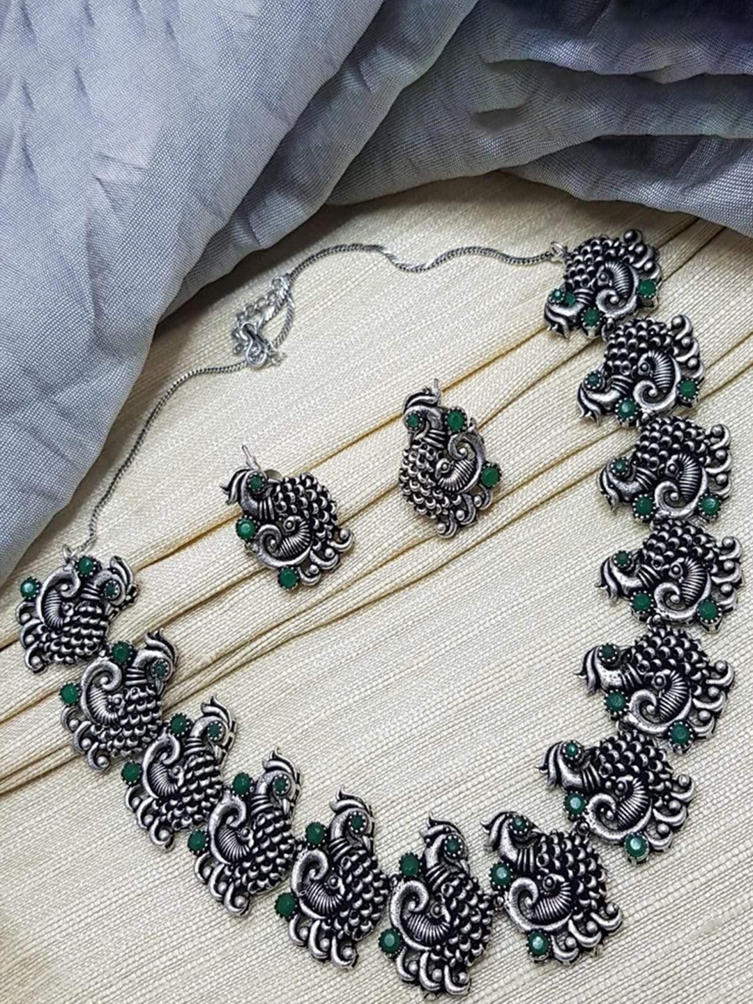 

GRIIHAM Silver Plated American Diamond Studded Oxidised Jewellery Set
