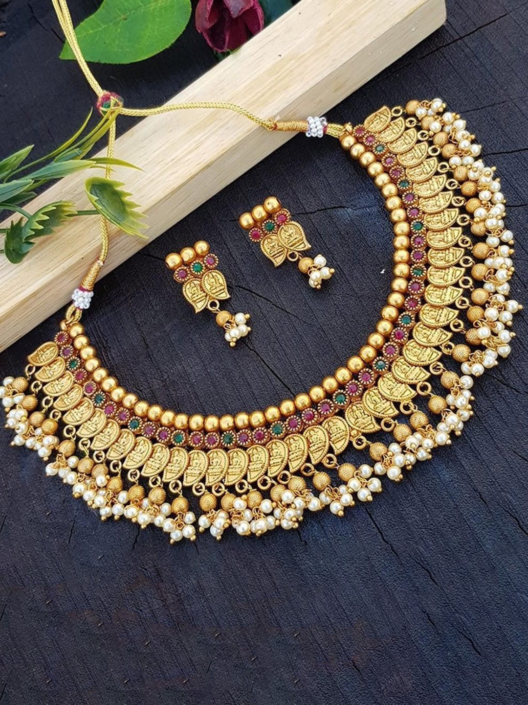 

GRIIHAM Gold Plated Cubic Zirconia Studded & Beads Temple Jewellery Set