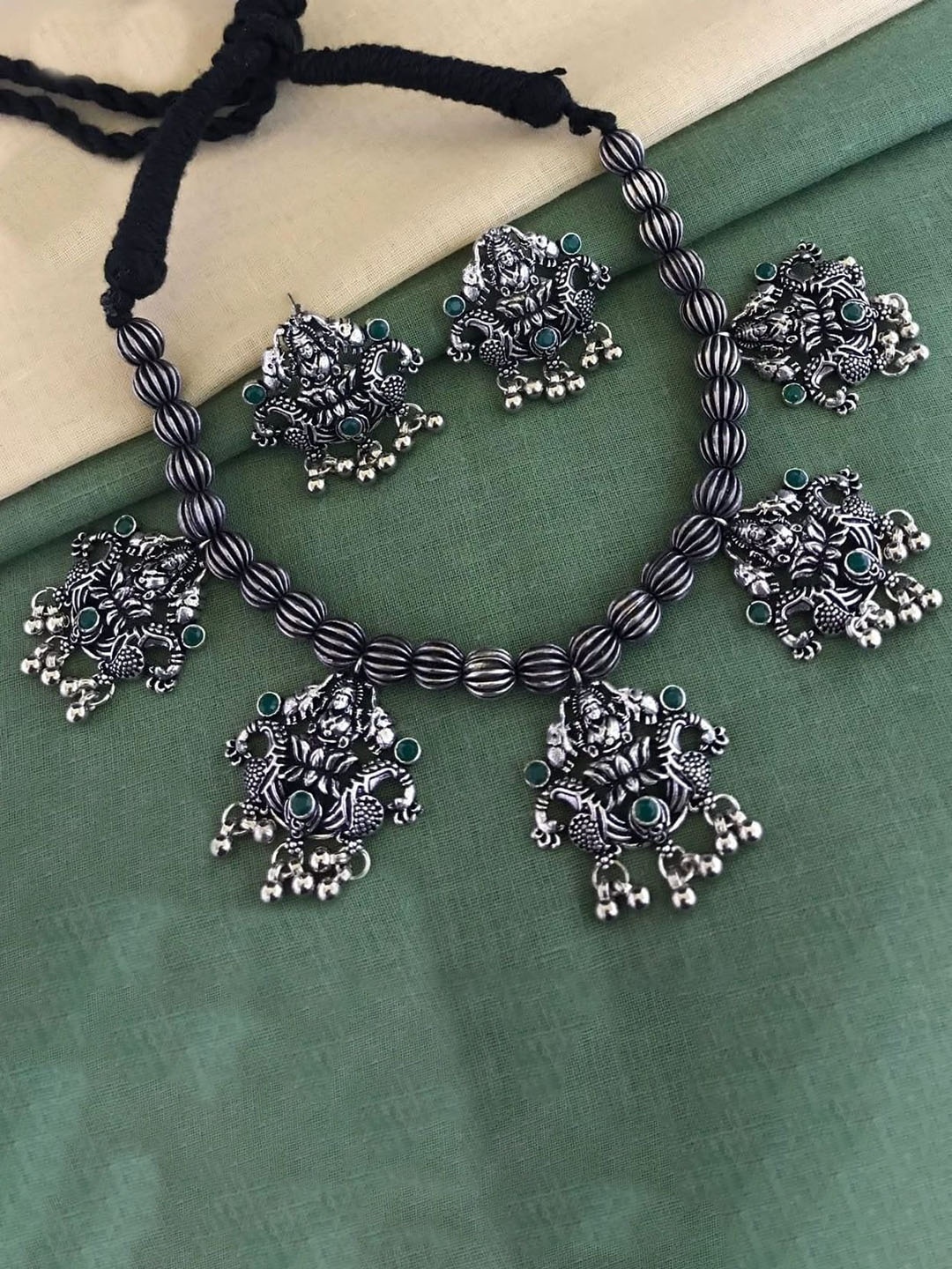 

GRIIHAM Silver Plated American Diamond Studded & Beaded Oxidised Jewellery Set