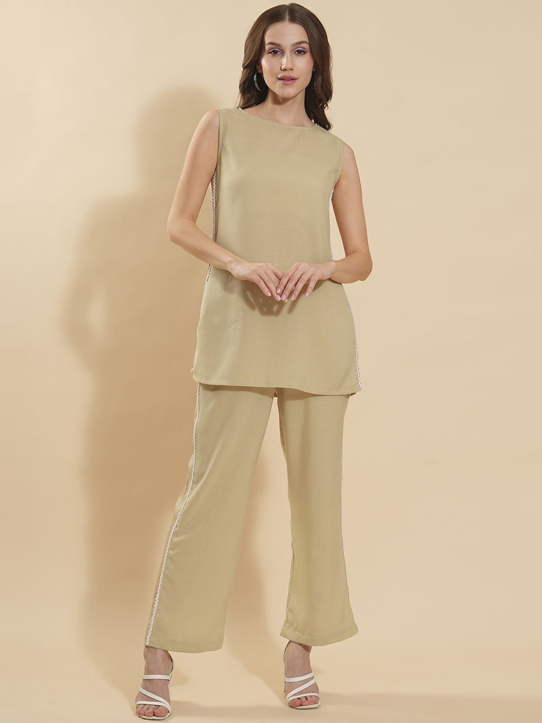 

Fashfun Round Neck Sleeveless Pure Cotton Top With Trouser, Beige