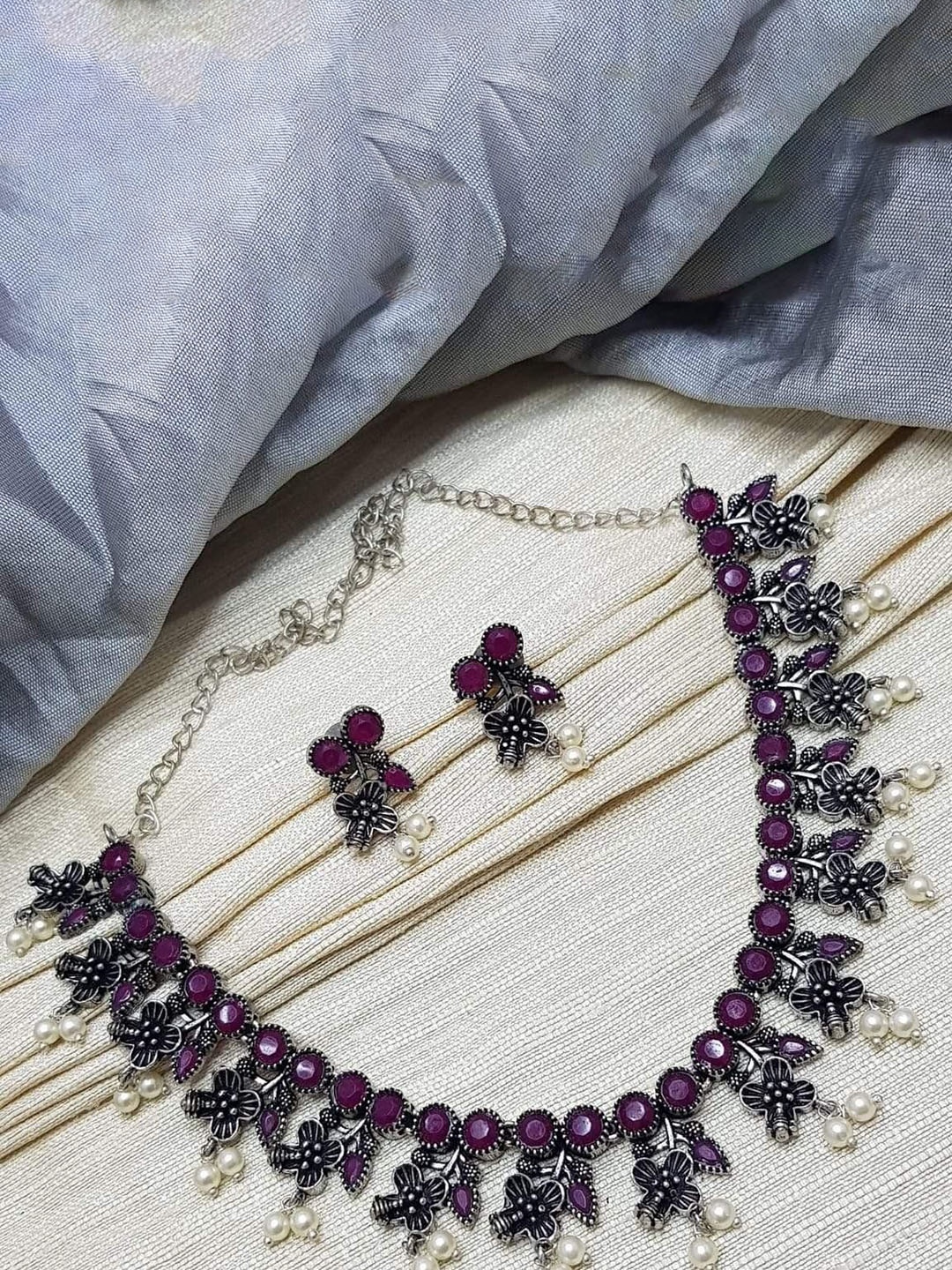 

GRIIHAM Silver Plated American Diamond Studded & Beaded Oxidised Jewellery Set