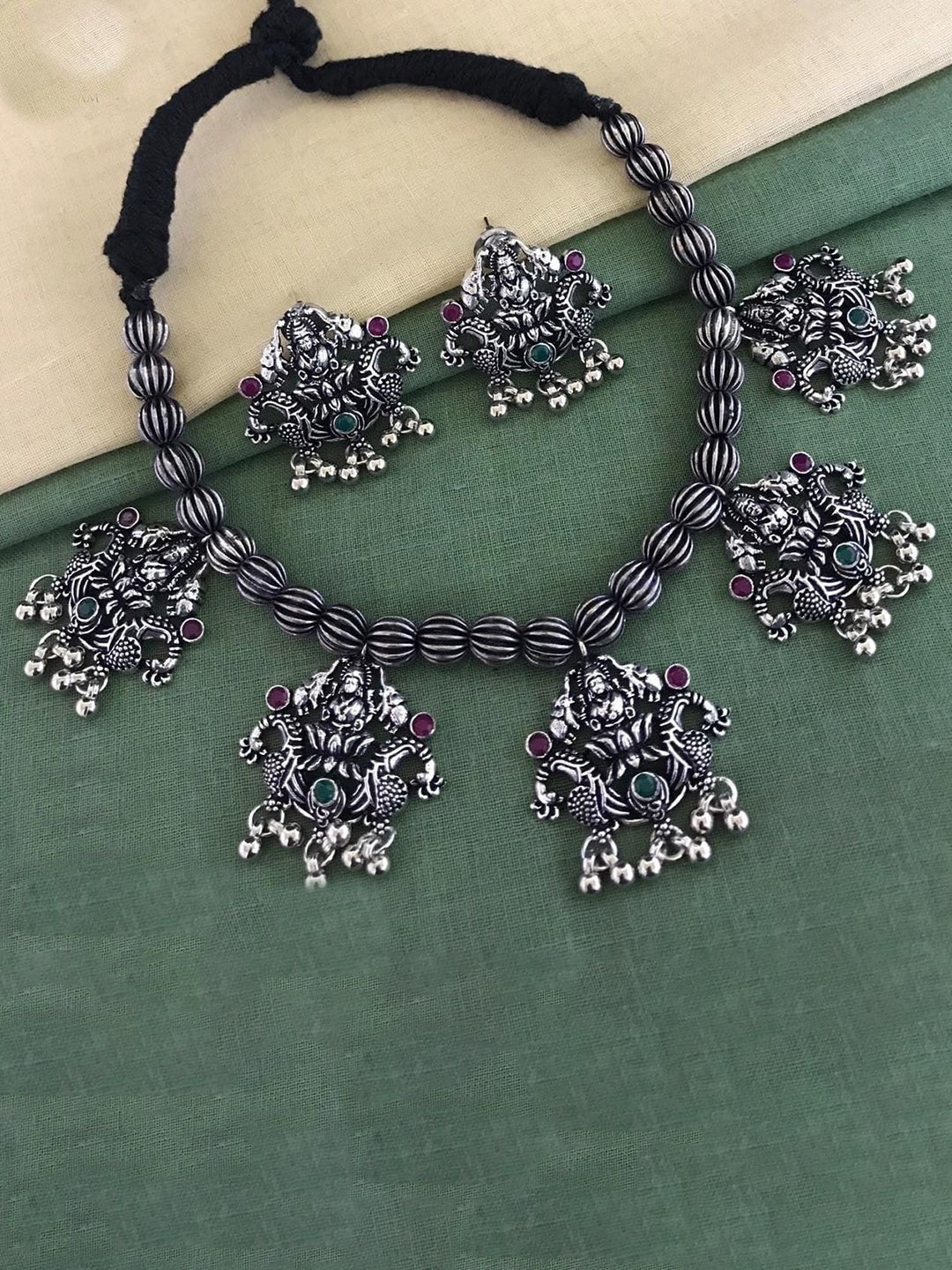 

GRIIHAM Silver Plated American Diamond Studded & Beaded Oxidised Jewellery Set