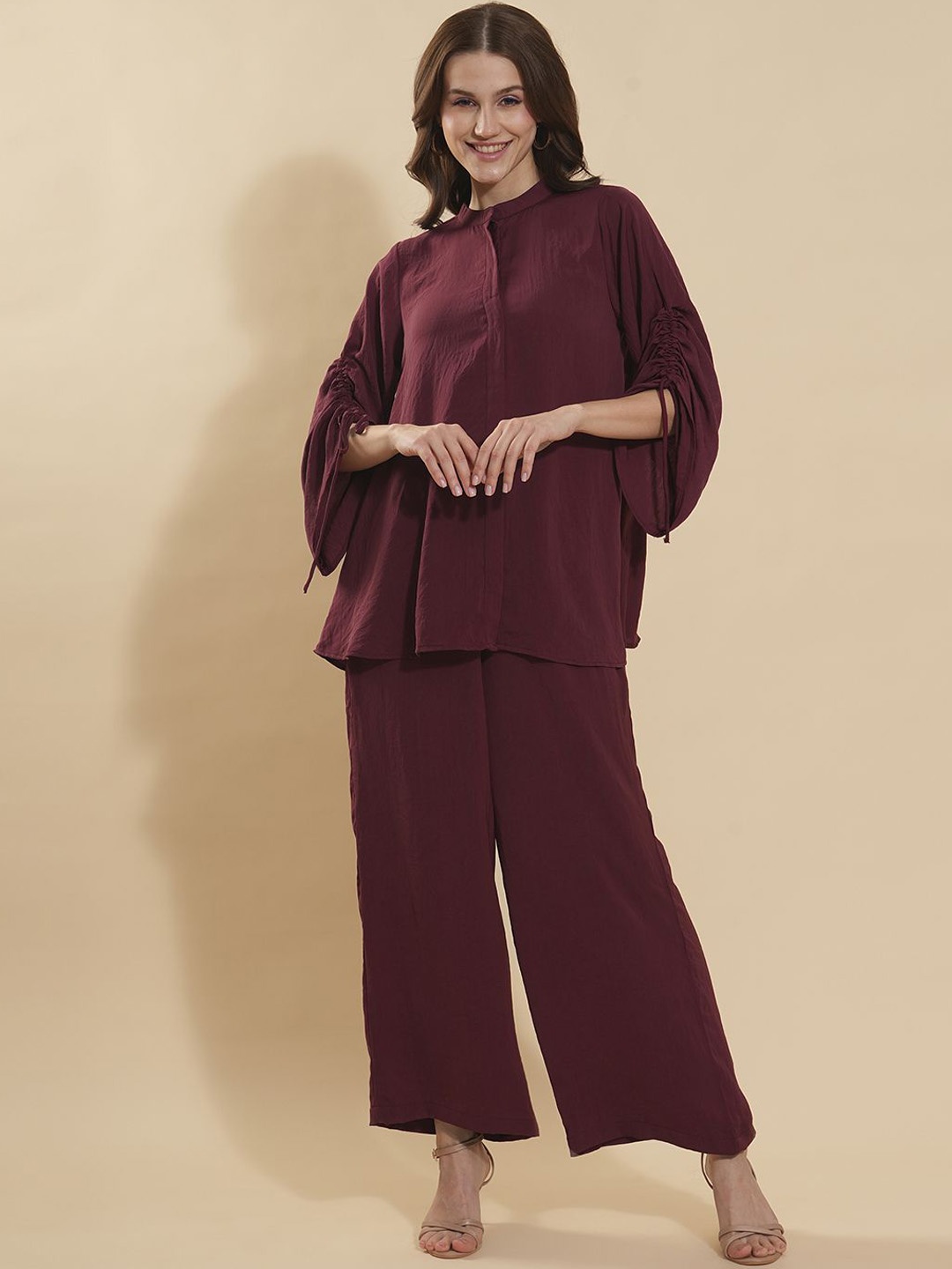 

Fashfun Mandarin Collar Three-Quarter Sleeves Shirt With Trouser, Maroon