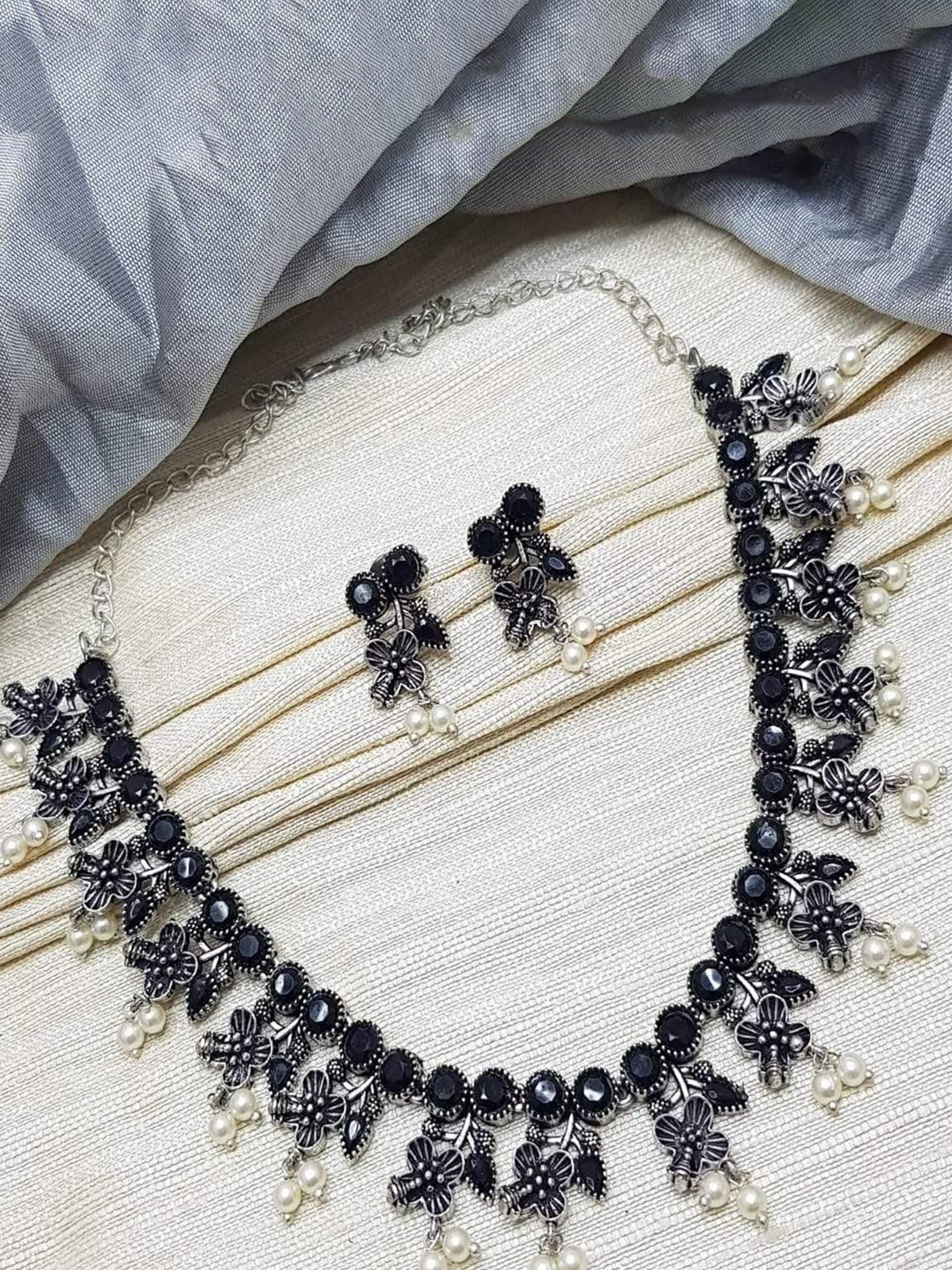 

GRIIHAM Silver Plated American Diamond Studded Oxidised Jewellery Set