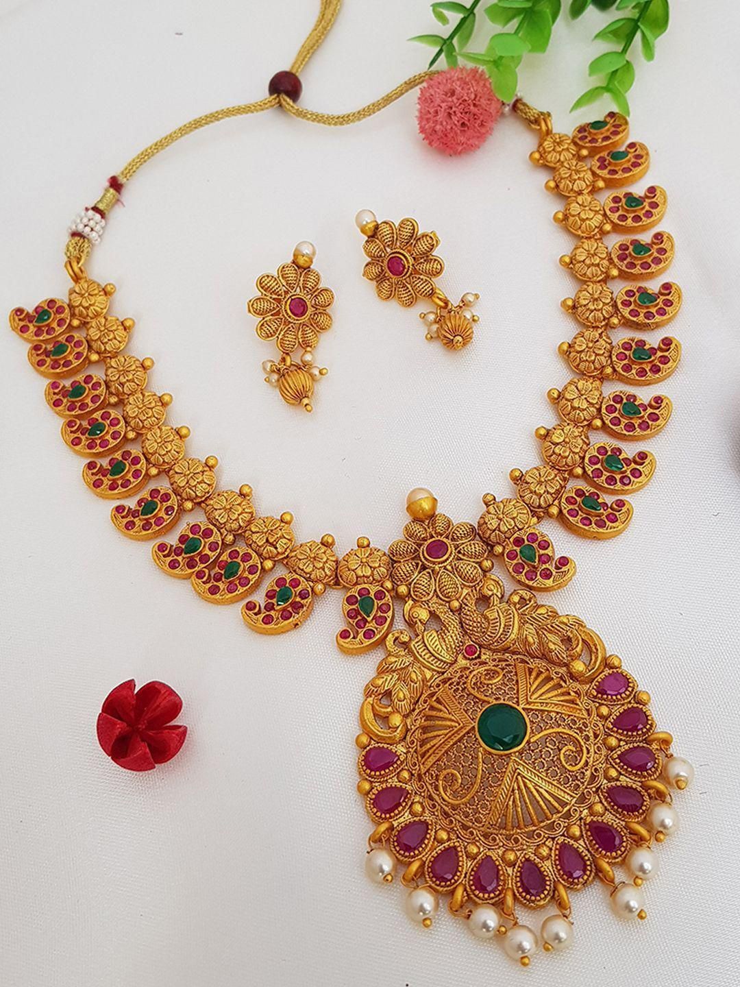 GRIIHAM Gold Plated Cubic Zirconia Studded & Beaded Jewellery Set