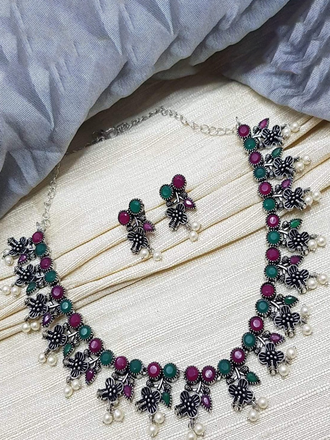 

GRIIHAM Silver Plated Stones Studded & Beaded Oxidised Jewellery Set
