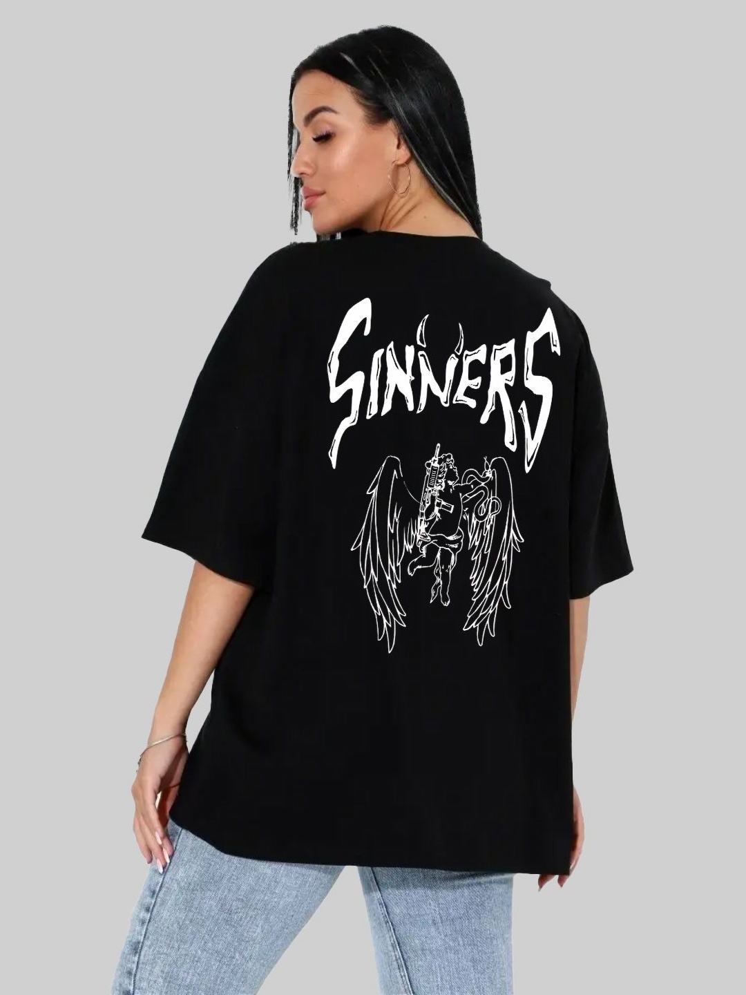 

Leotude Women Graphic Printed Round Neck Cotton Oversized T-shirt, Black