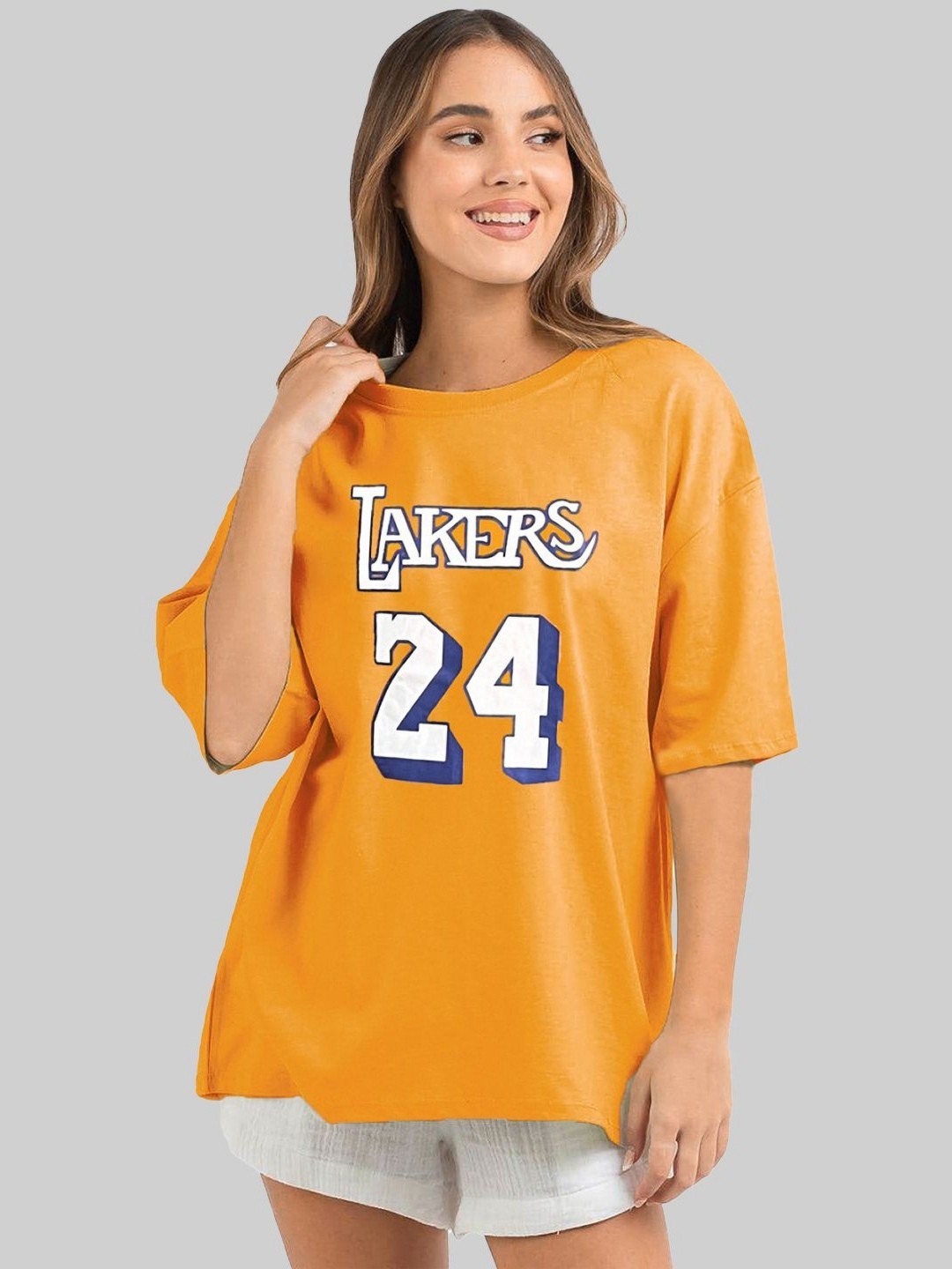 

Leotude Women Typography Printed Round Neck Cotton Oversized T-shirt, Mustard