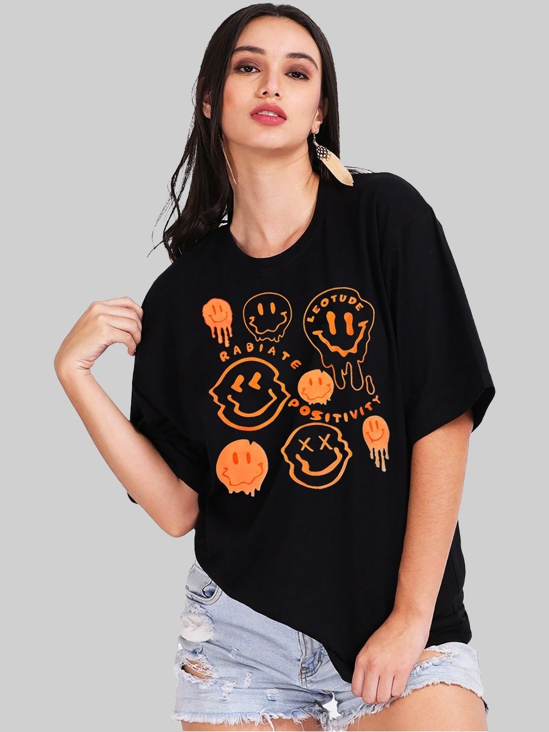 

Leotude Women Graphic Printed Round Neck Cotton Oversized T-shirt, Black