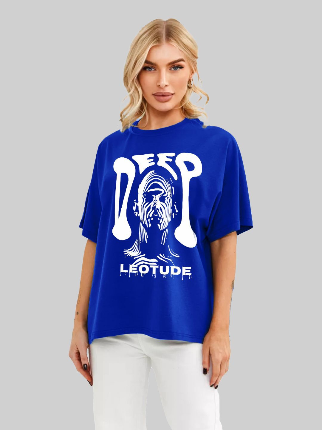 

Leotude Women Graphic Printed Round Neck Cotton Oversized T-shirt, Blue