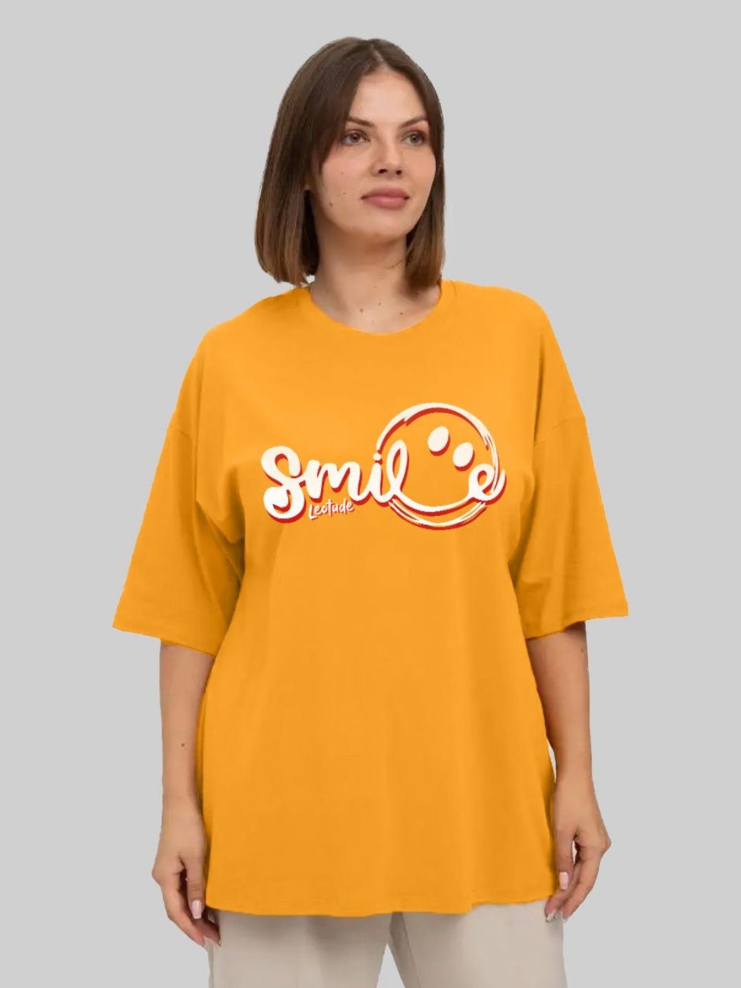 

Leotude Women Typography Printed Round Neck Cotton Oversized T-shirt, Mustard
