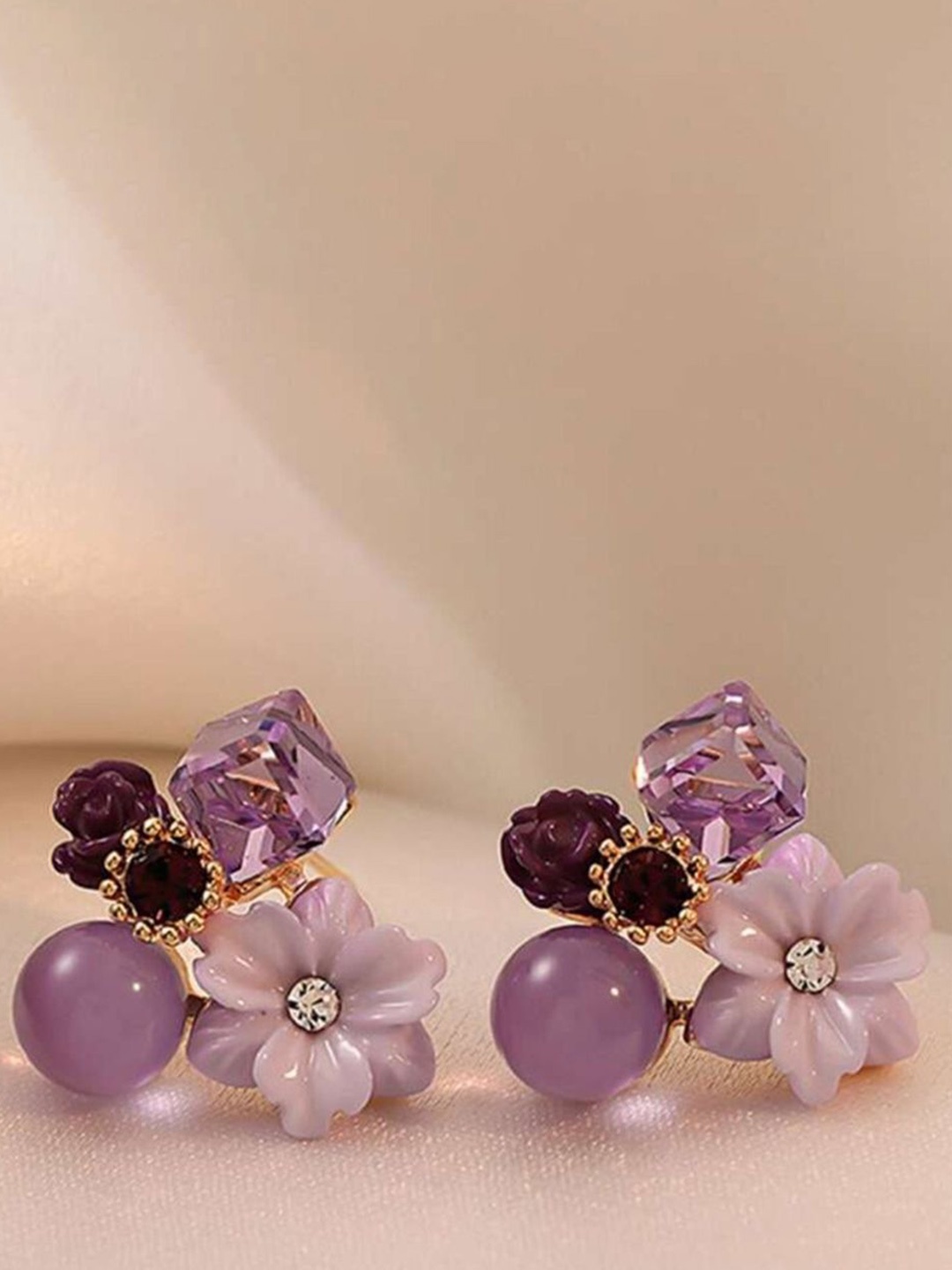 

Celestique Gold-Plated Stainless Steel Floral Shaped Cubic Zirconia Korean Studs, Purple