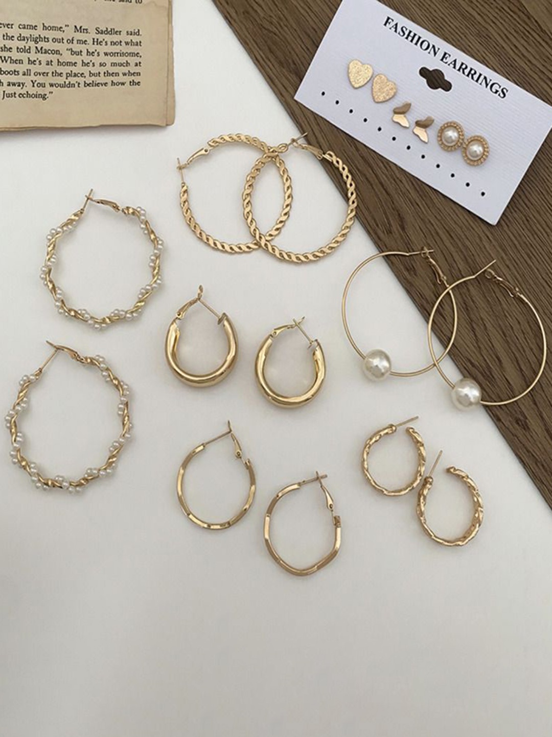 

Celestique Set Of 9 Contemporary Hoop Earrings, Gold