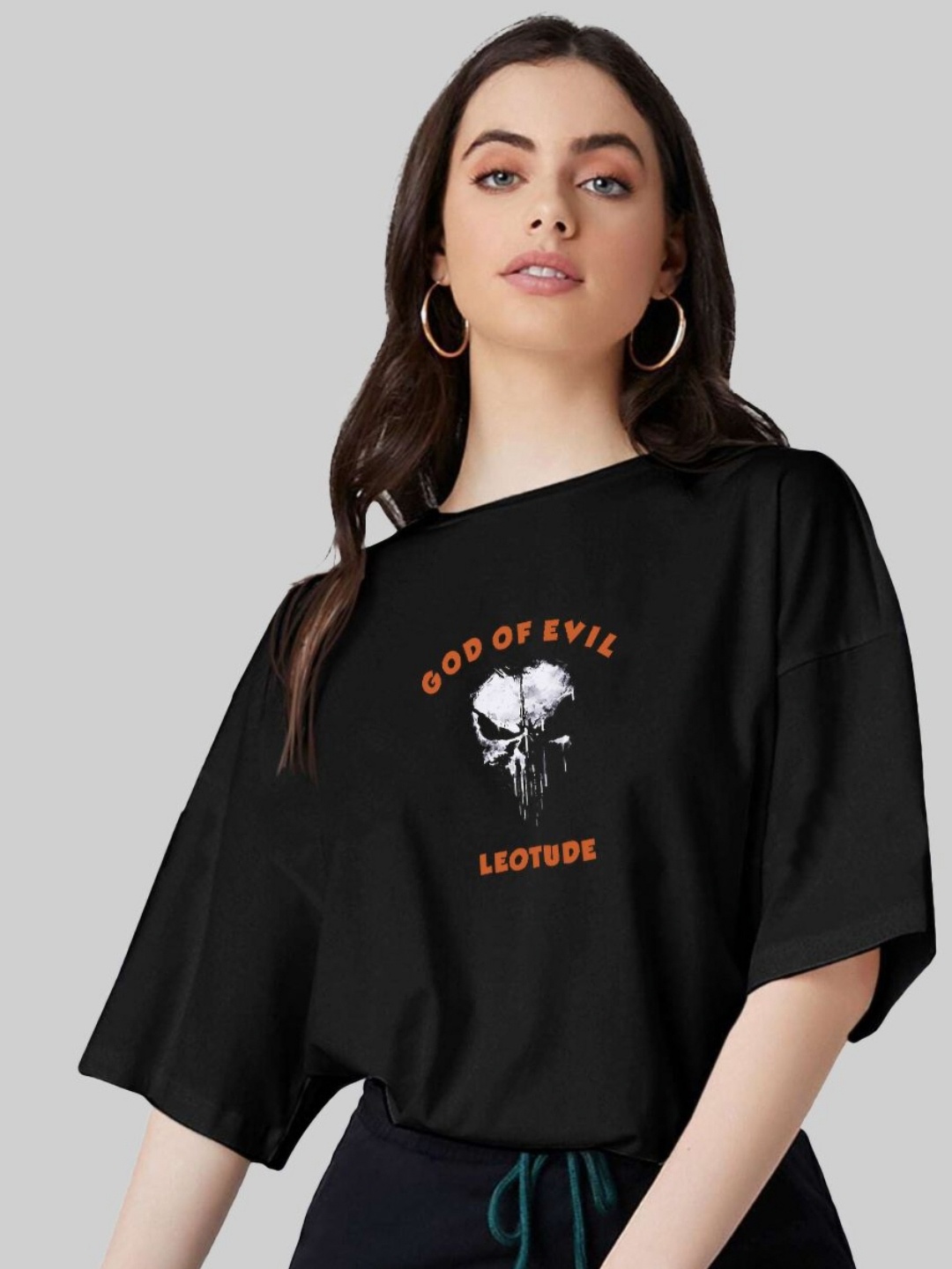 

Leotude Women Graphic Printed Round Neck Cotton Oversized T-shirt, Black