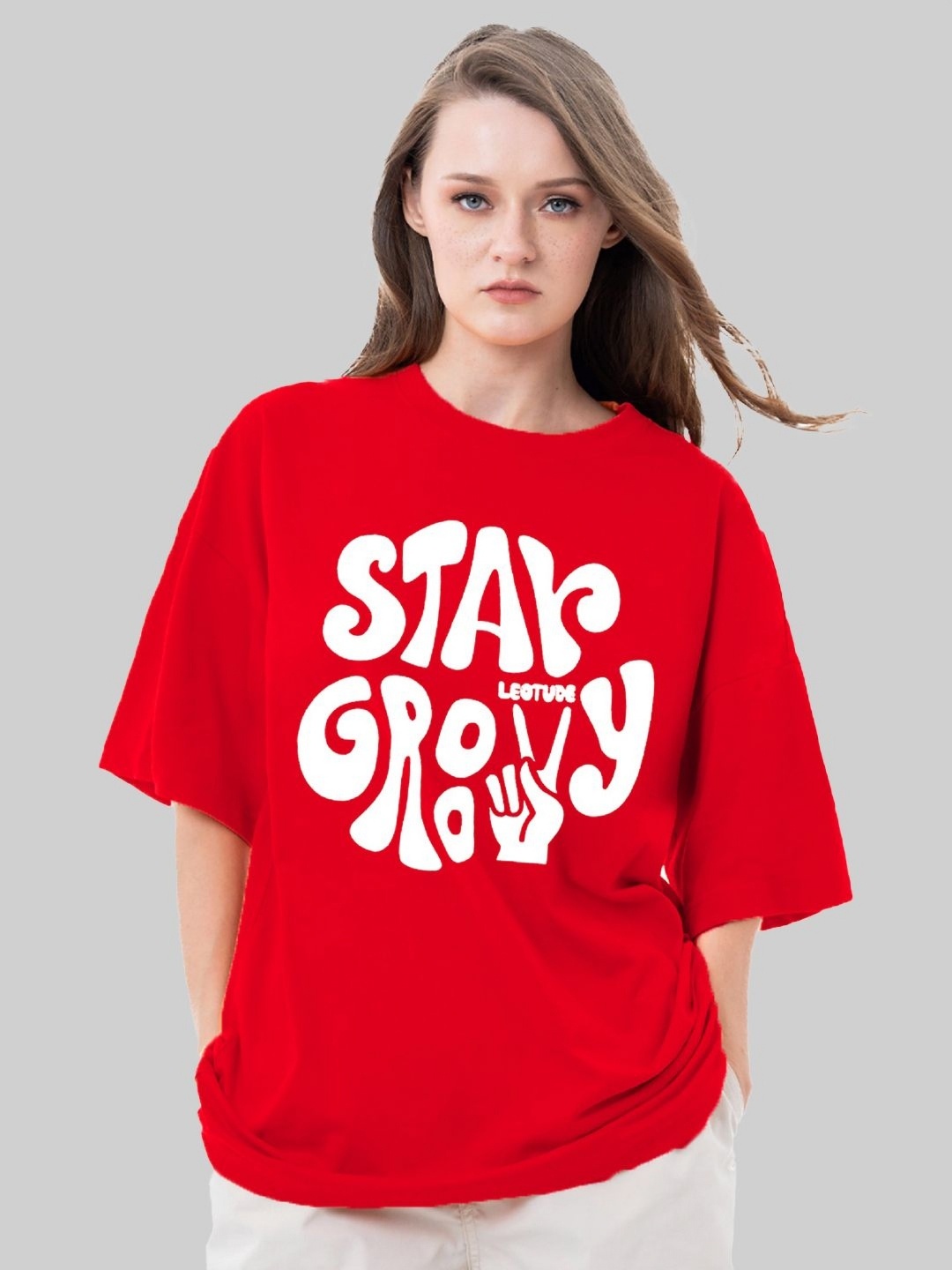 

Leotude Women Typography Printed Round Neck Cotton Oversized T-shirt, Red