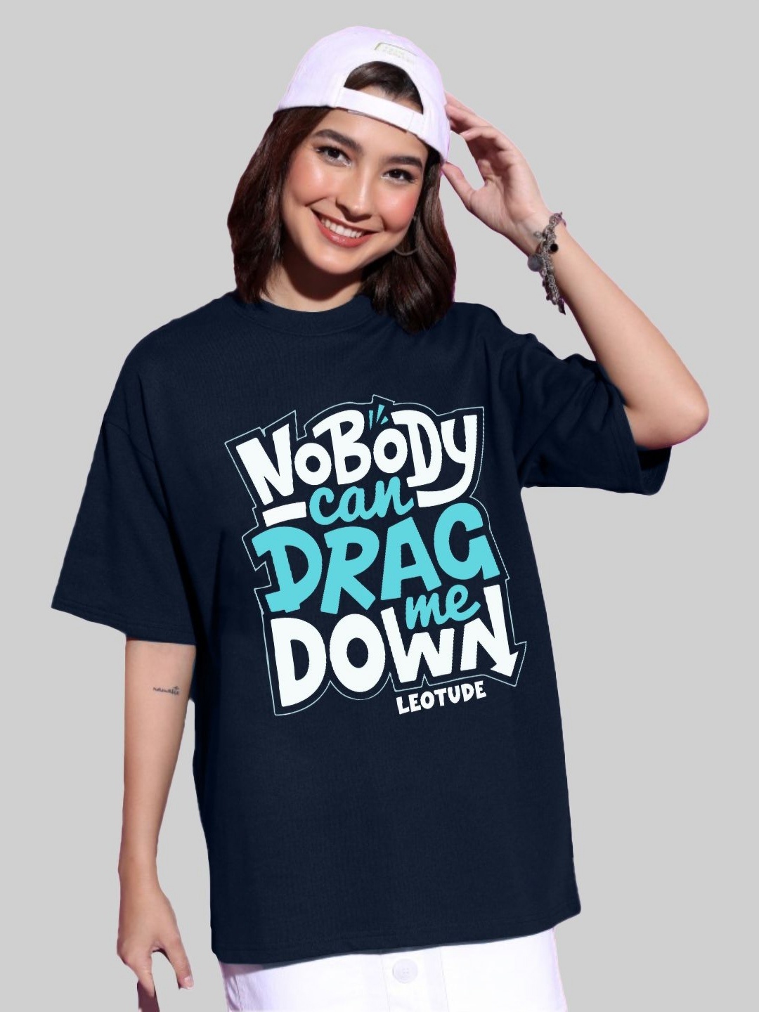 

Leotude Women Typography Printed Round Neck Cotton Oversized T-shirt, Navy blue
