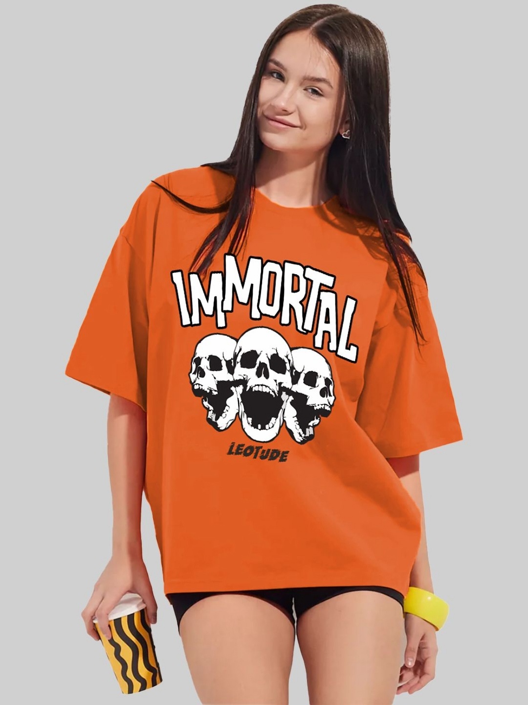 

Leotude Women Graphic Printed Round Neck Cotton Oversized T-shirt, Orange