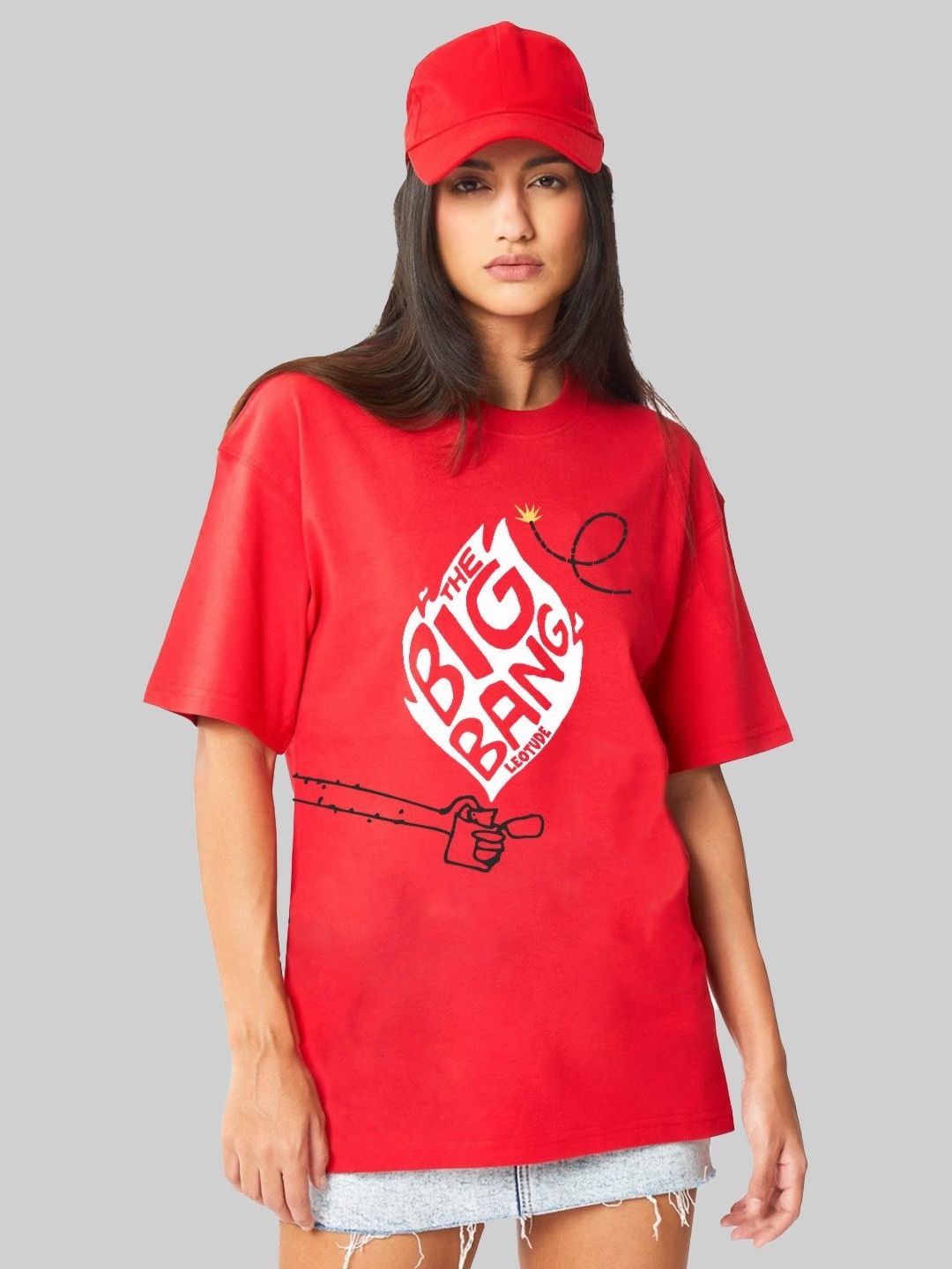

Leotude Women Typography Printed Round Neck Cotton Oversized T-shirt, Coral