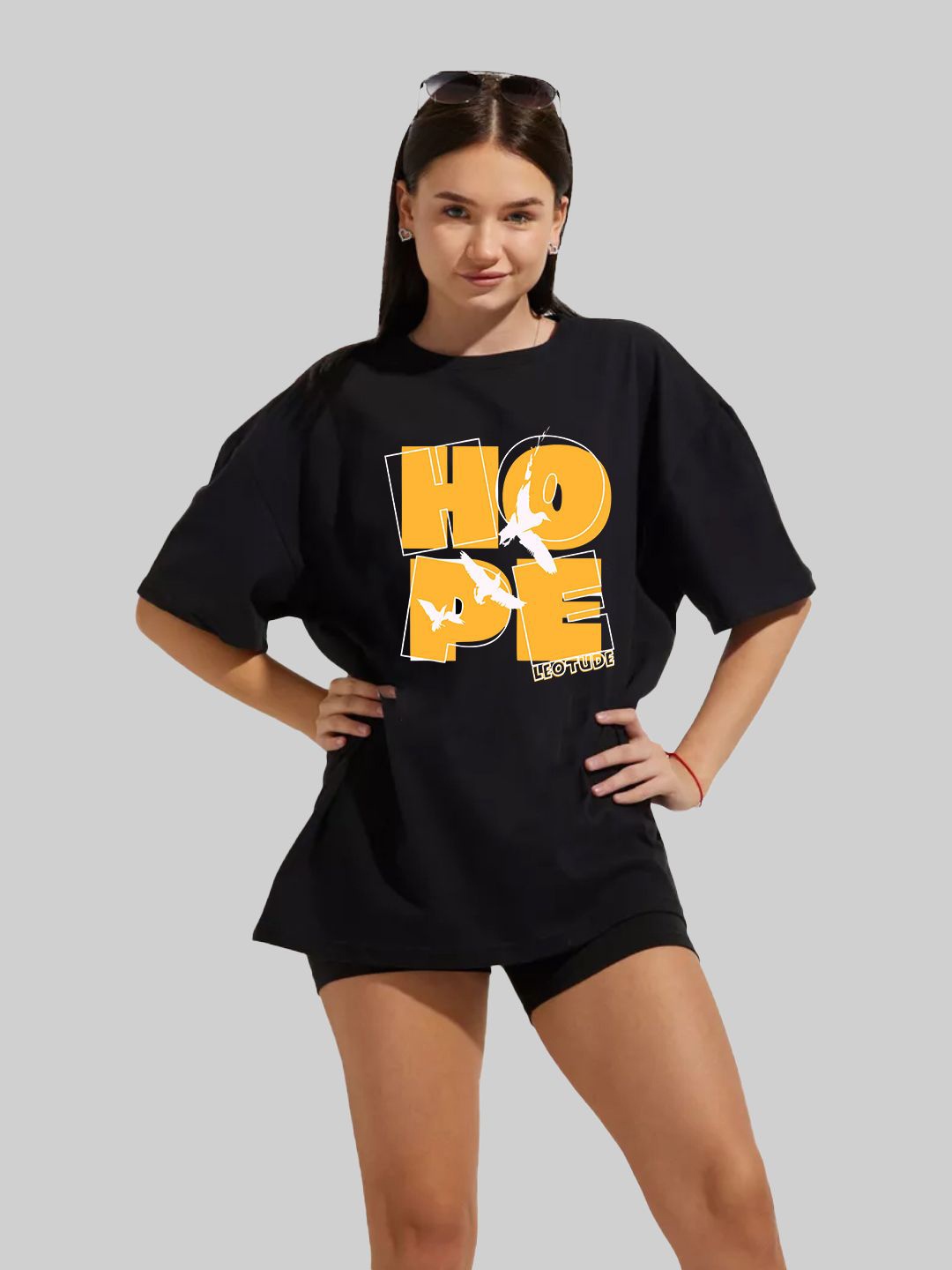 Leotude Women Typography Printed Round Neck Cotton Oversized T-shirt, Black