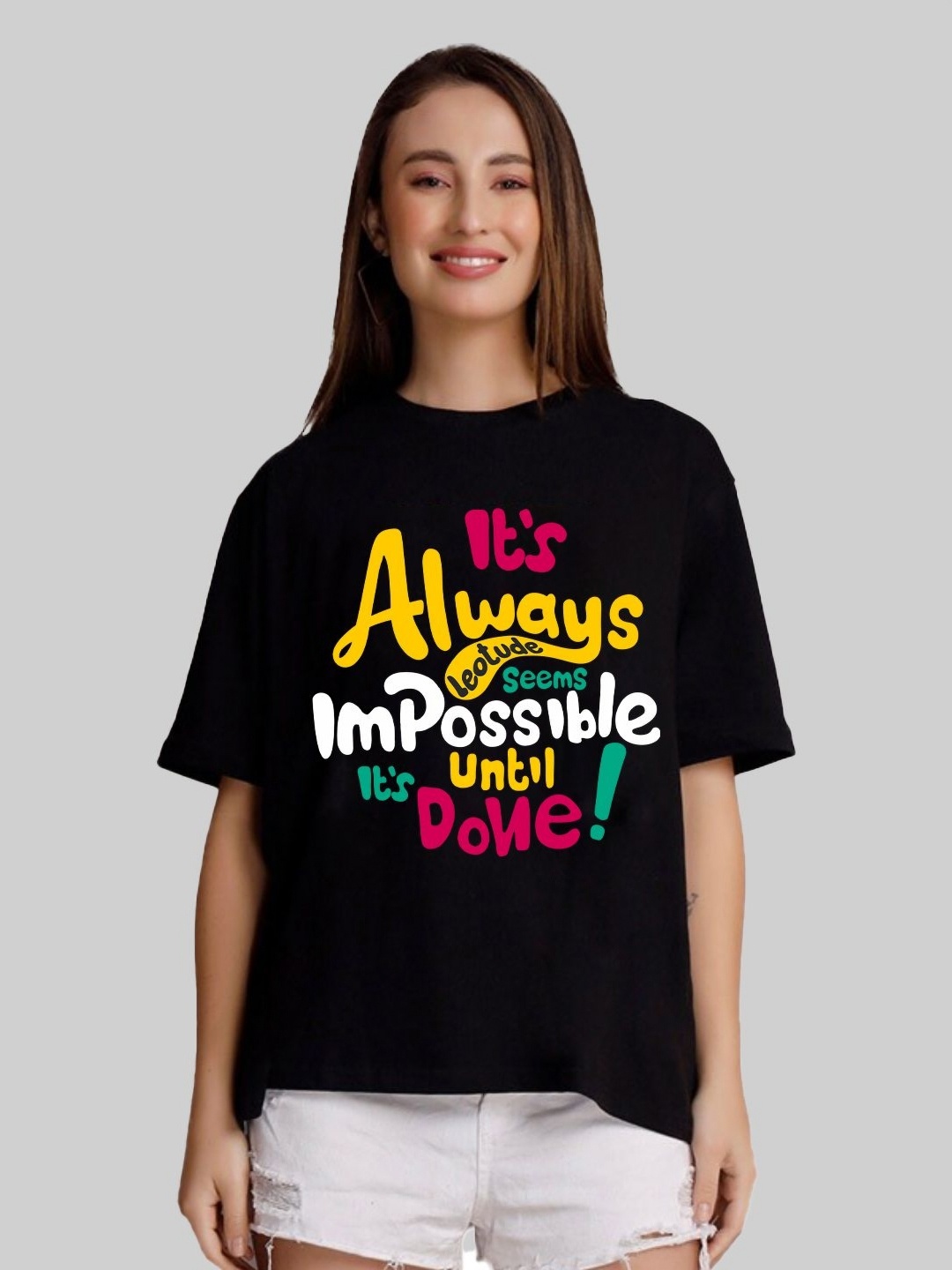 

Leotude Women Typography Printed Round Neck Cotton Oversized T-shirt, Black