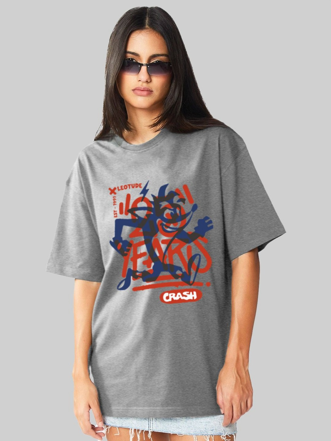

Leotude Women Graphic Printed Round Neck Cotton Oversized T-shirt, Grey