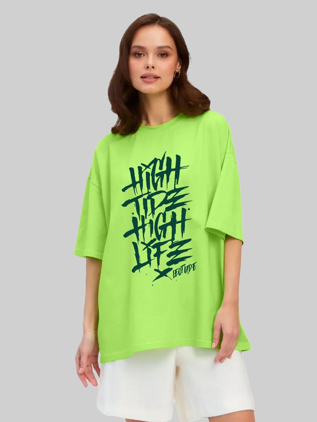 

Leotude Women Typography Printed Round Neck Cotton Oversized T-shirt, Lime green