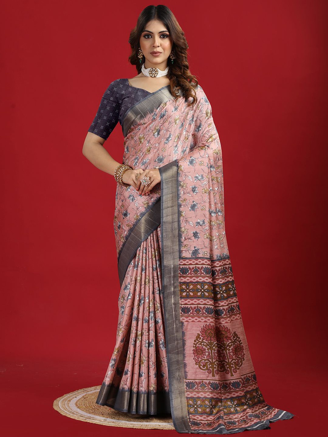 

NIRMAL CREATION Floral Printed Zari Saree, Pink