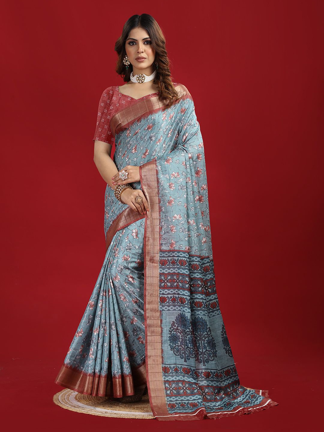 NIRMAL CREATION Floral Printed Zari Saree, Teal