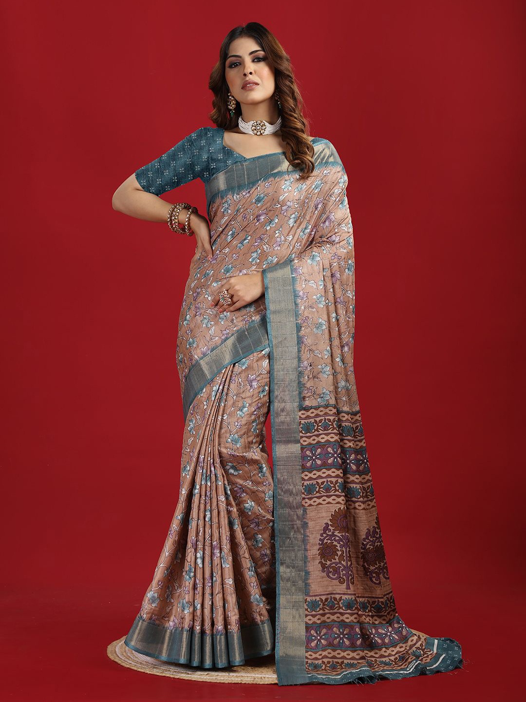 

NIRMAL CREATION Floral Printed Zari Saree, Turquoise blue