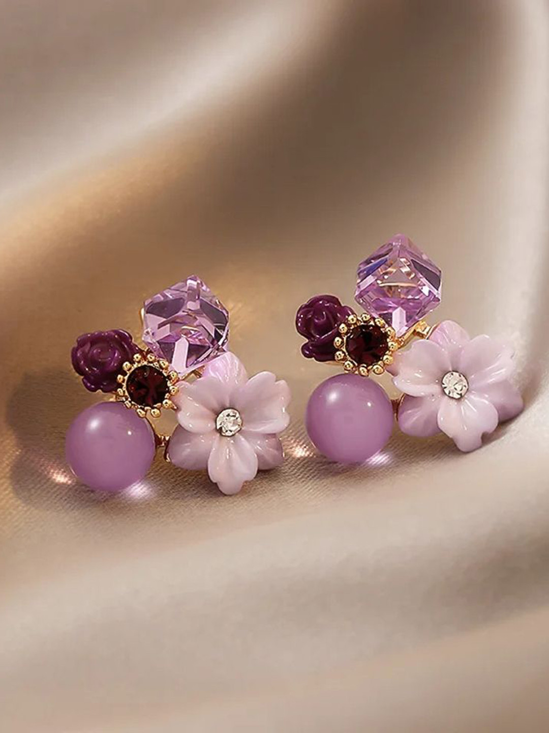 

Celestique Stone Studded & Beaded Floral Studs, Purple