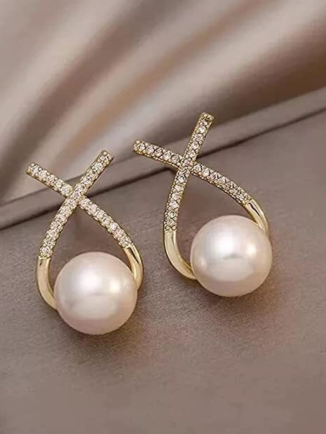 

Celestique Stone Studded Cross Big White Pearl Studs, Gold