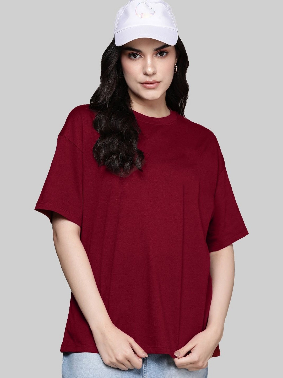 

Leotude Women Solid Round Neck Cotton Oversized T-shirt, Maroon