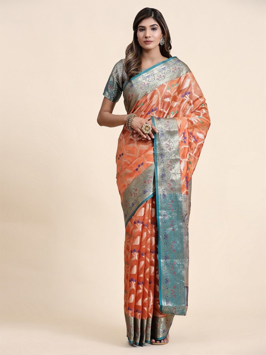 

VARNI FABRICS Woven Design Zari Pure Silk Saree, Orange