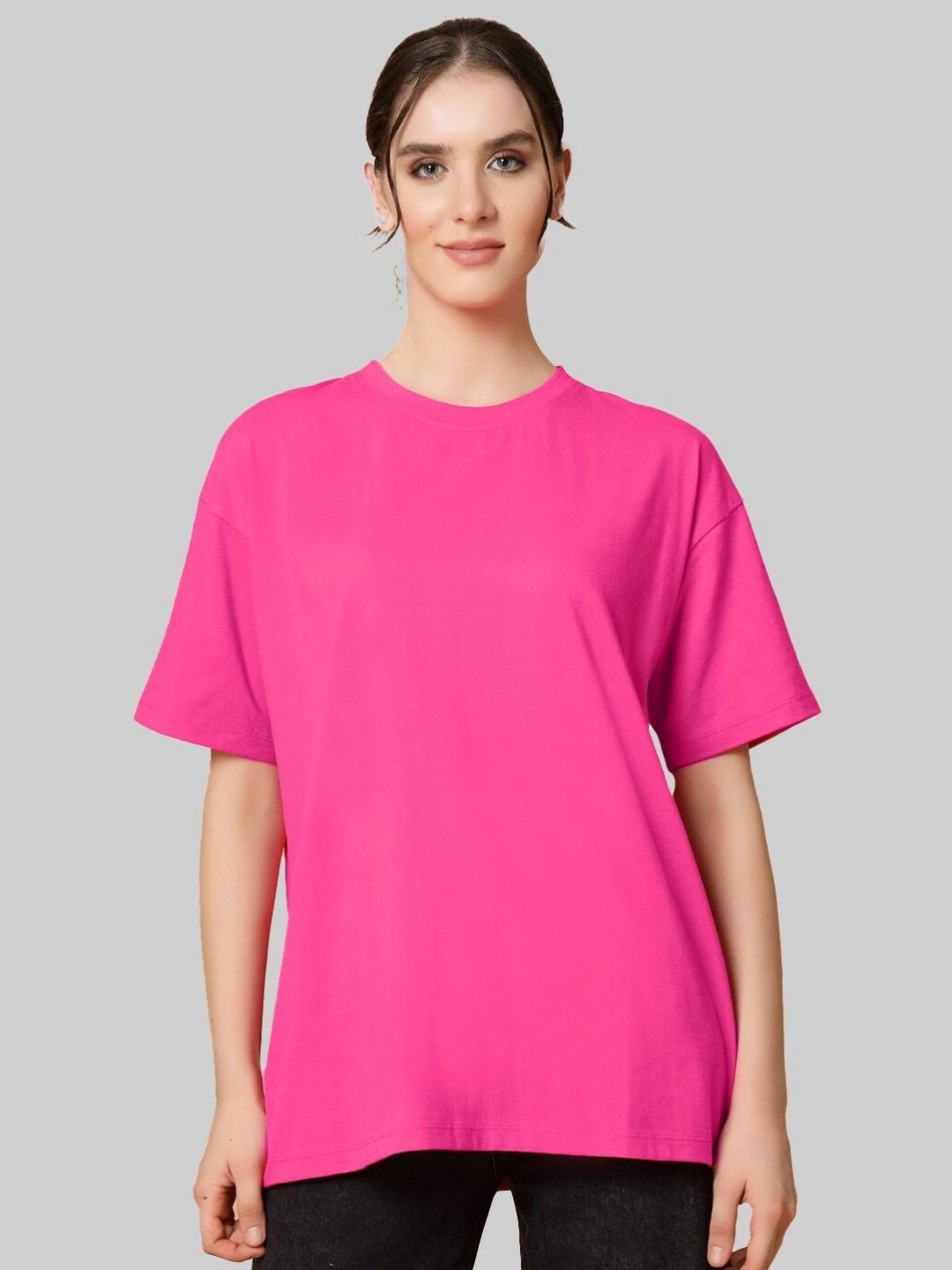Leotude Women Solid Round Neck Cotton Oversized T-shirt, Pink