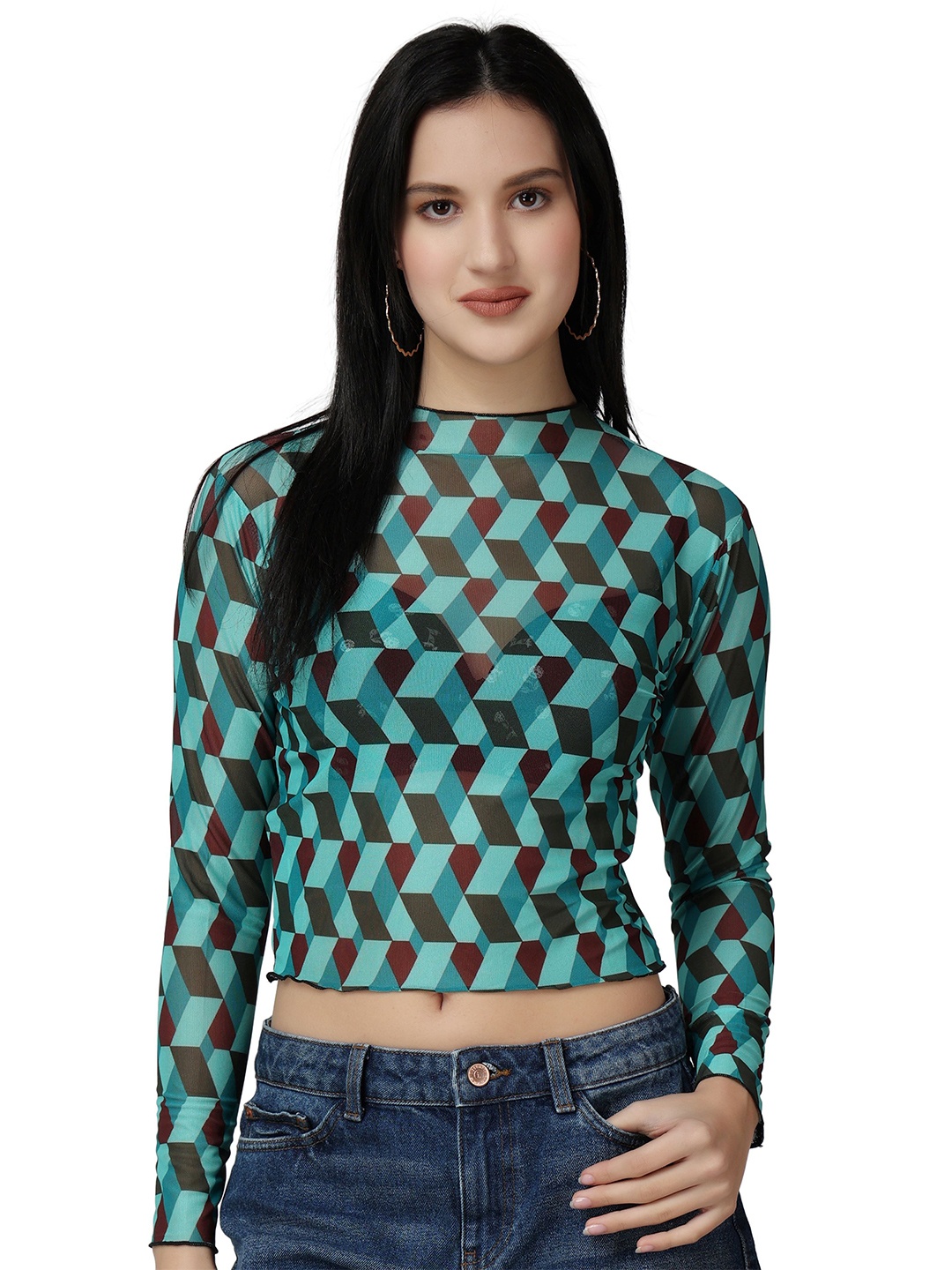 Popwings Geometric Printed Net Crop Top, Blue